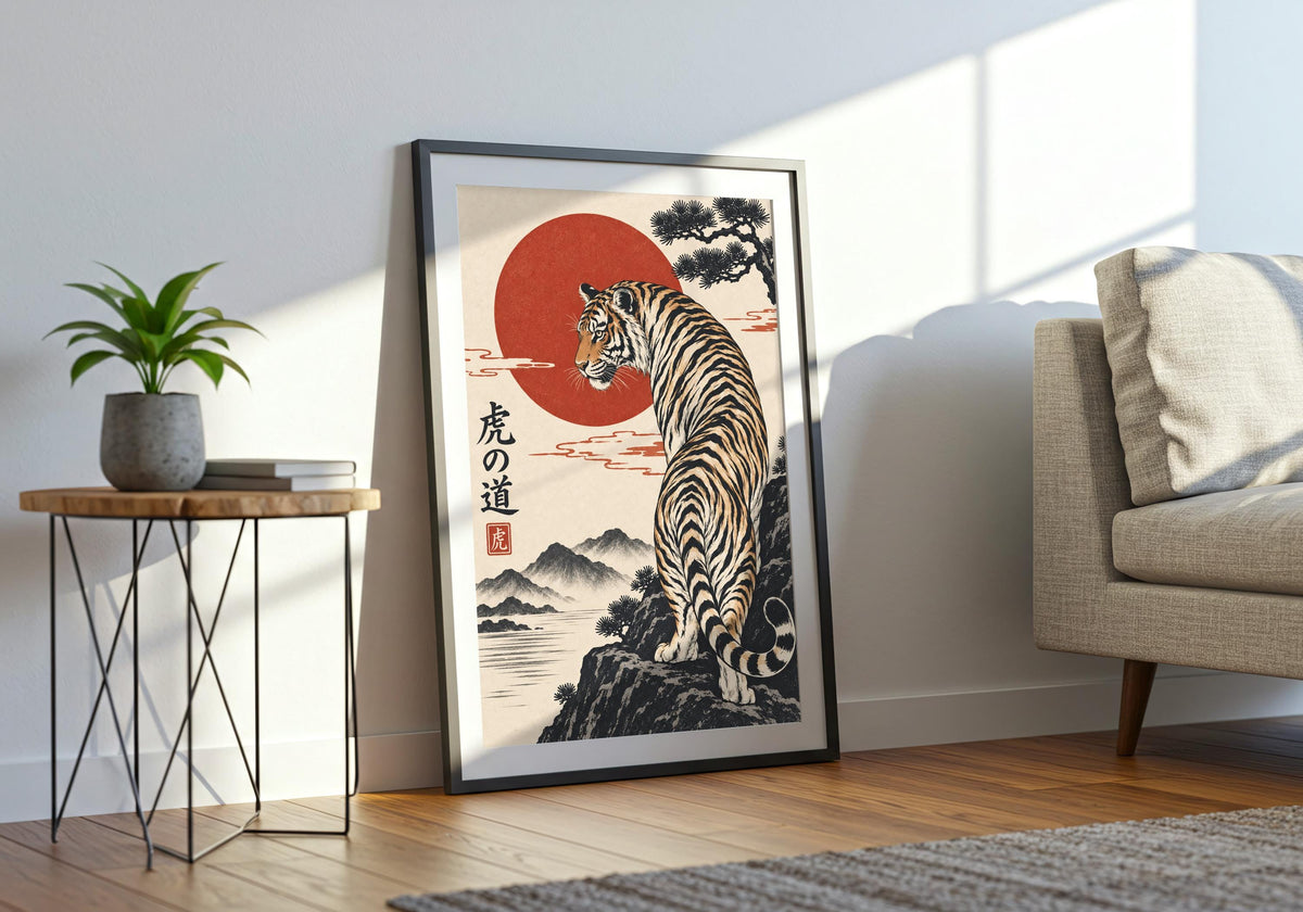 Wide room mockup of this bold living room art in a wide contemporary lounge, with the artwork clearly visible.