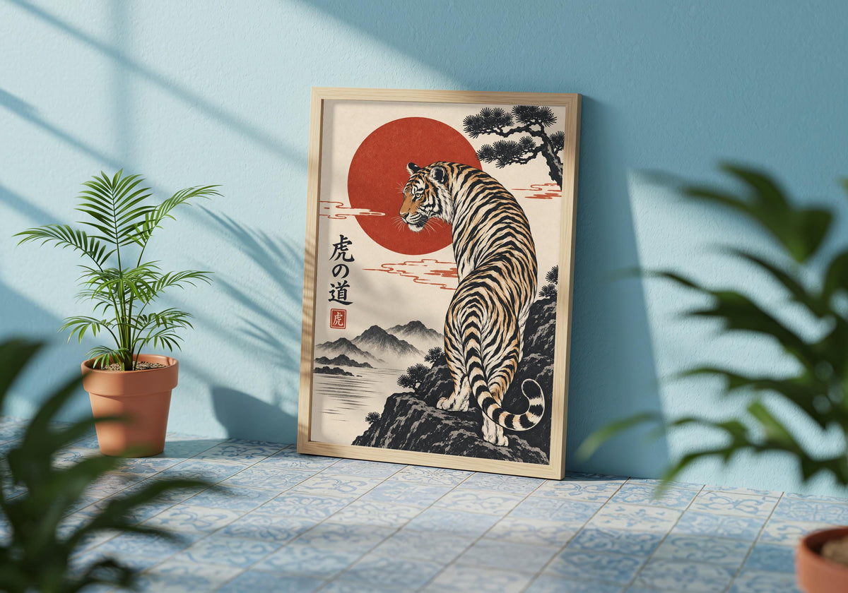 Interior photograph of Tiger on the Mountain Path near a blue-green armchair, styled for a mountain landscape look.