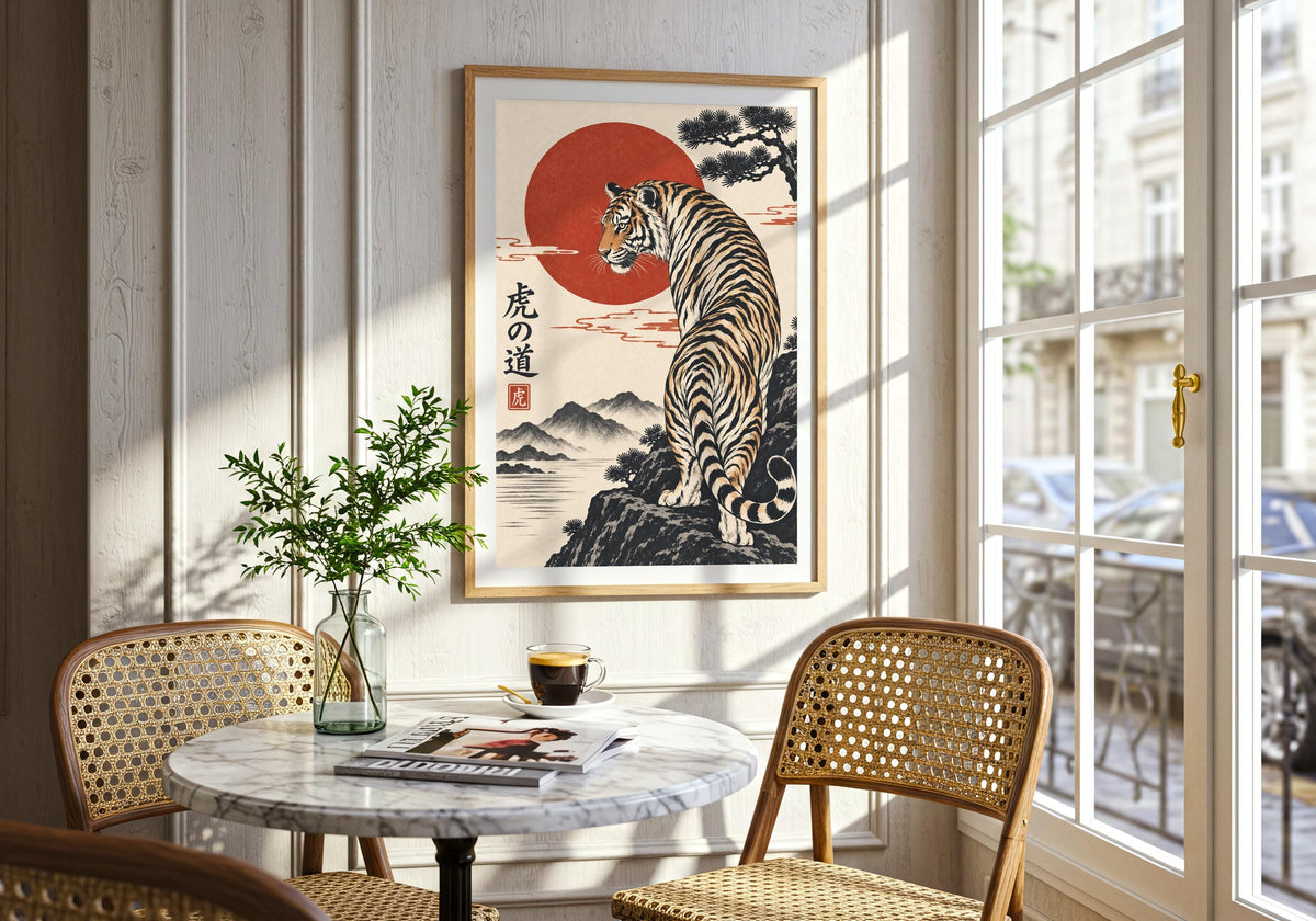 Tiger on the Mountain Path appears above a small console table as wildlife wall decor for a lived-in decorating idea.