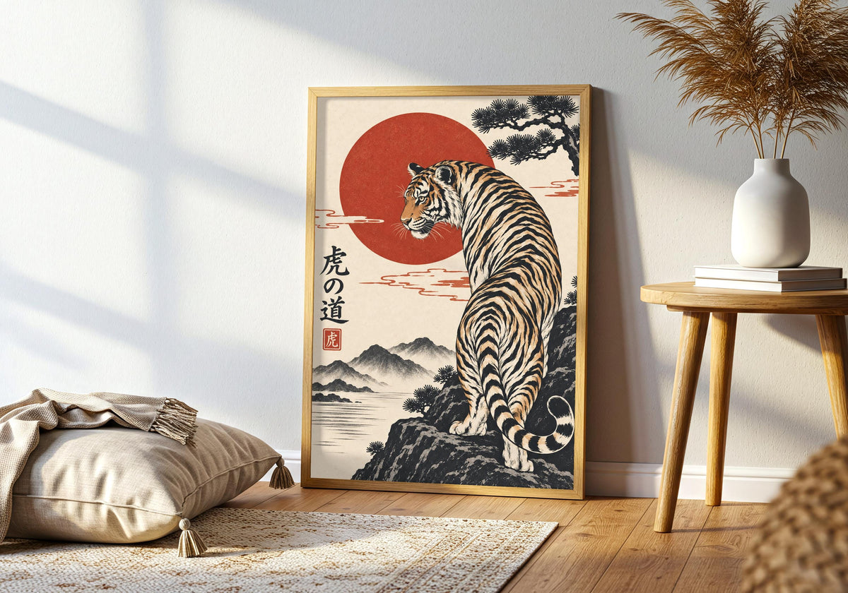 A closer lifestyle view inside a modern living room highlights a striped tiger climbing a rocky mountain path beneath a red sun, windswept pine and Japanese-style calligraphy as japandi animal art.