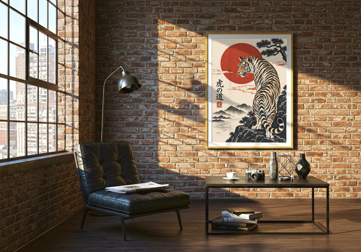 Room inspiration for ukiyo e style art: the Tiger on the Mountain Path physical print against a green-accent lounge.