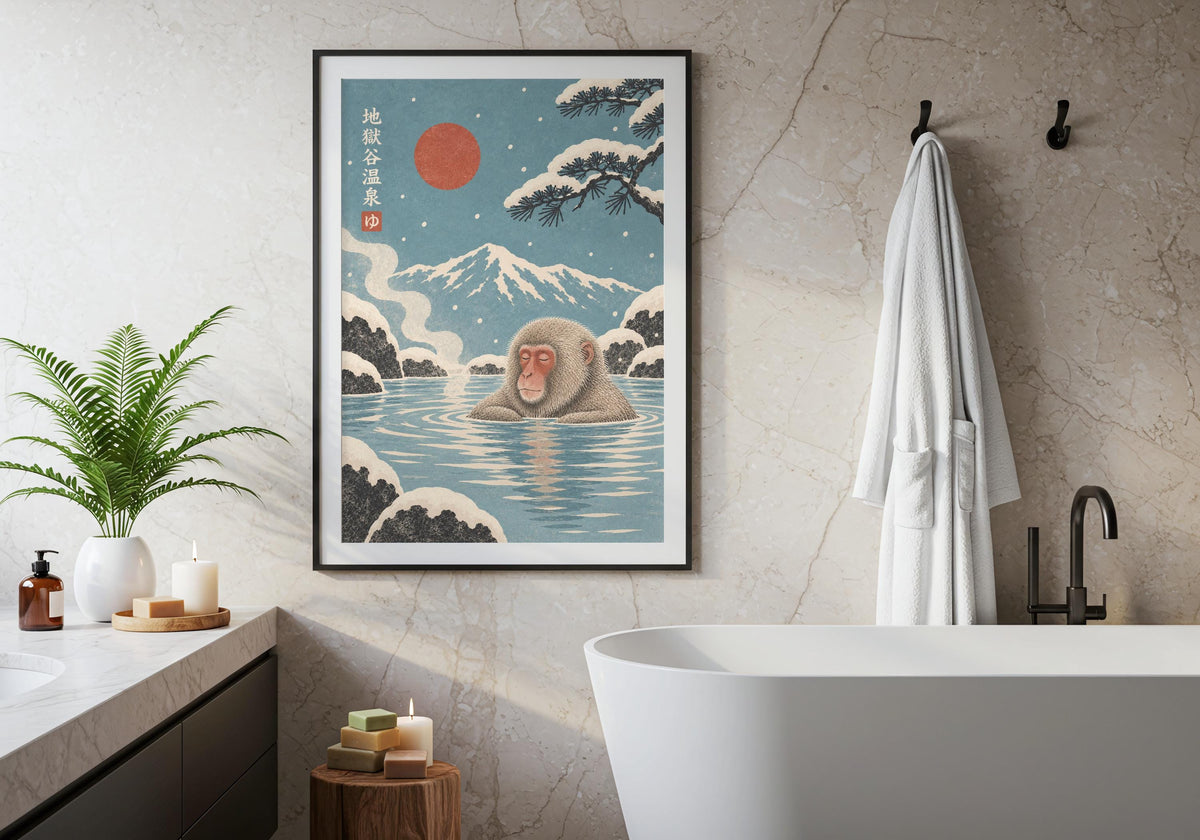 Styled in a black frame above the bath, this onsen wall art shows the complete Snow Monkey Onsen design.