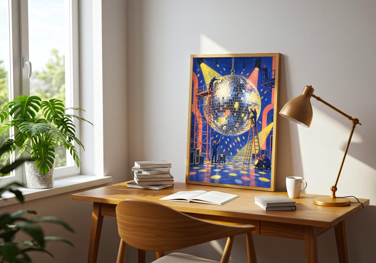 Framed wall view featuring miniature workers polishing a monumental disco ball as the room's main focal point.
