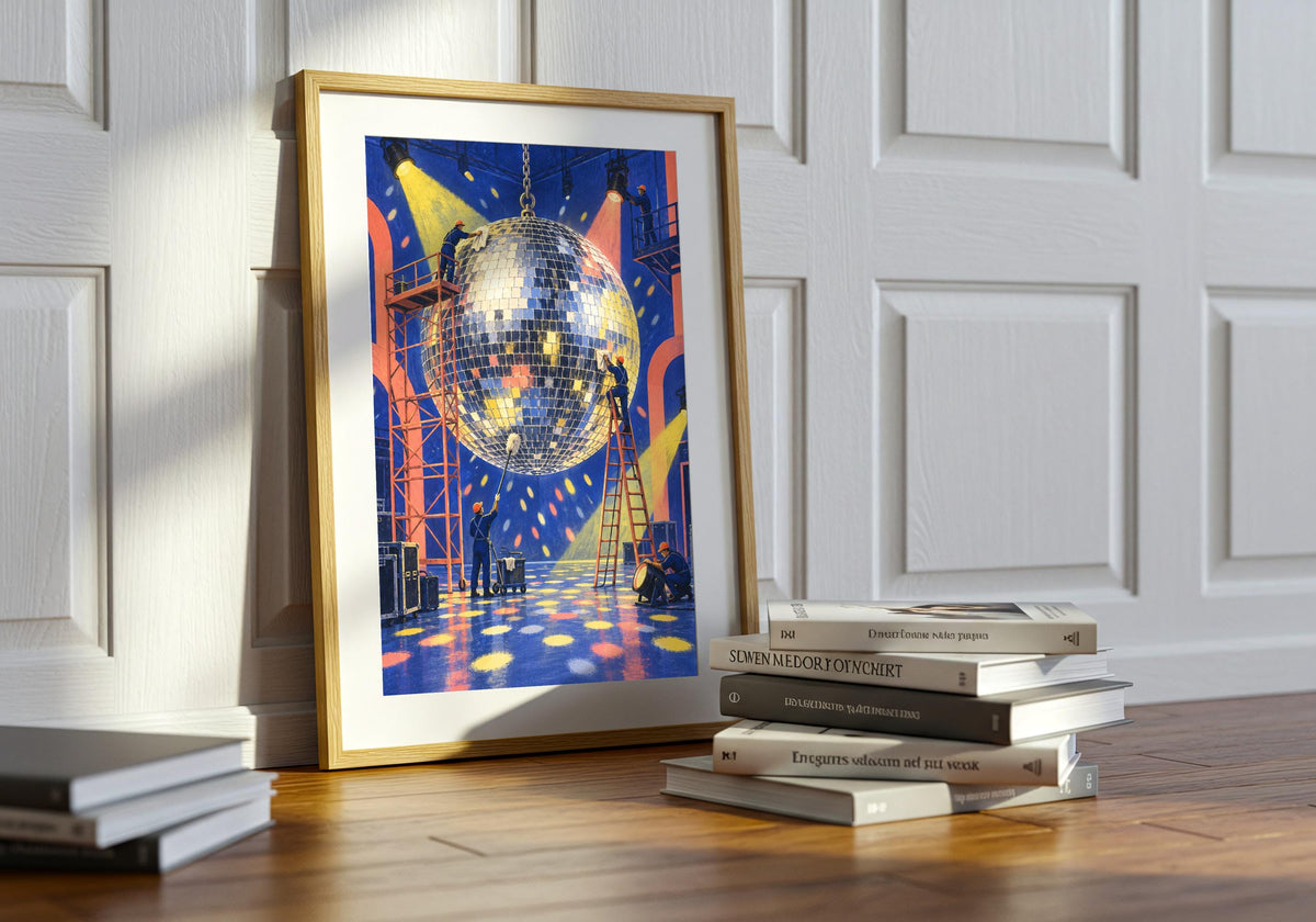 Green houseplants bring out the colour in this Tiny Disco Maintenance Crew wall print.