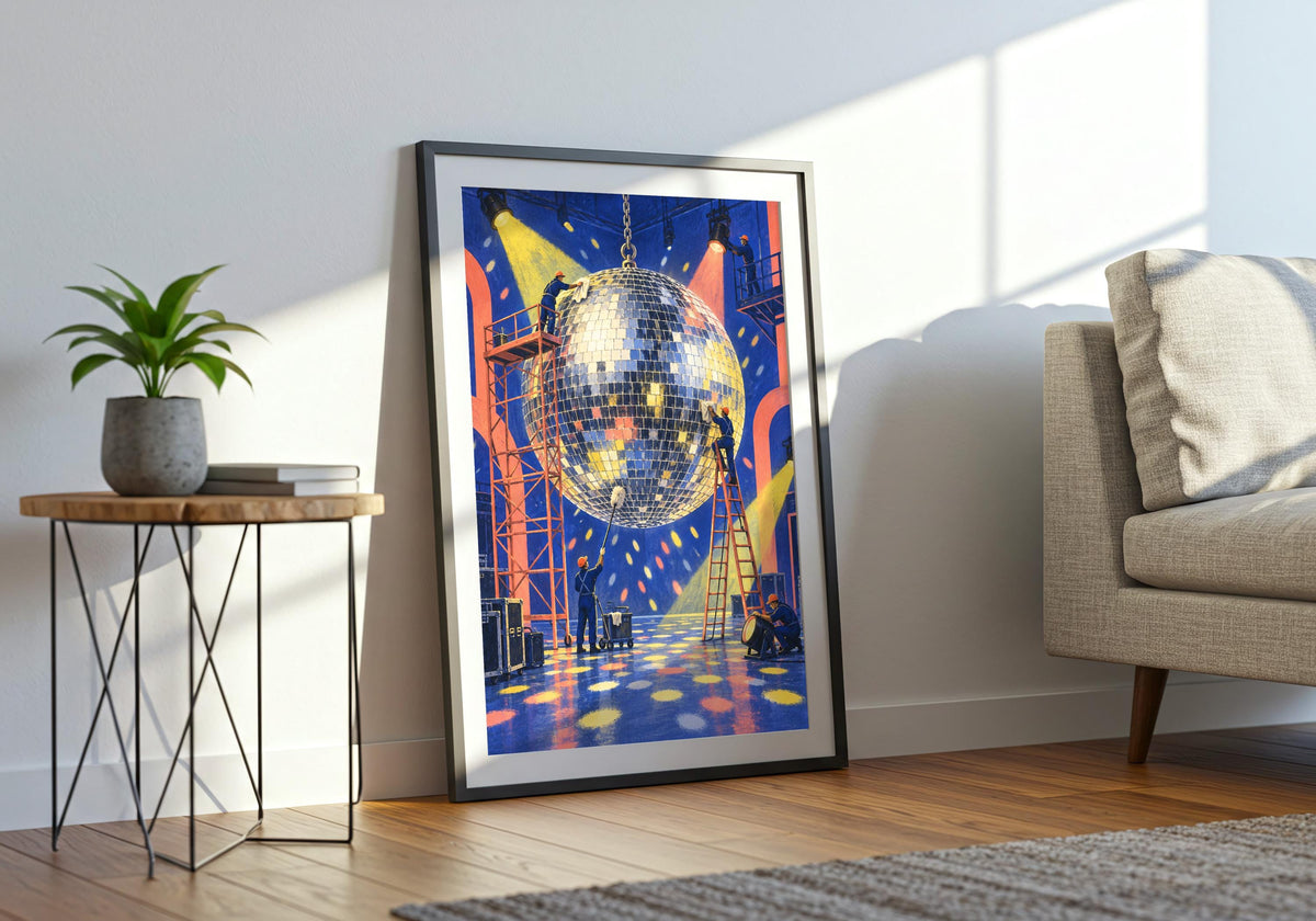 Final wide mockup presents the Tiny Disco Maintenance Crew print as characterful portrait wall art.
