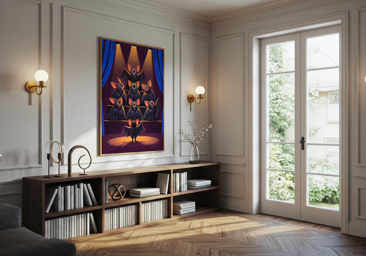 The quirky music wall art is styled above furniture in a bright contemporary room.