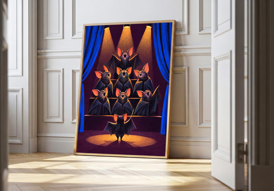 Bat Choir Warm-Up art print showing a theatrical choir of bats rehearsing beneath amber spotlights in the light wood hero frame.