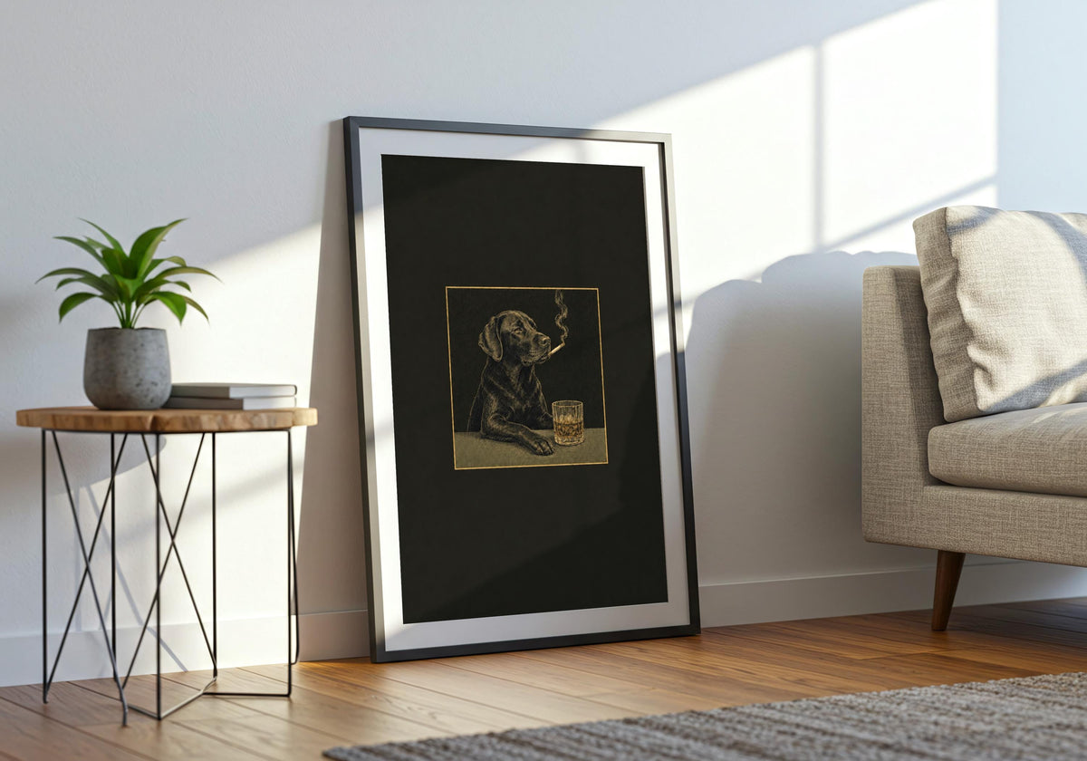 Final wide mockup presents the Labrador Cigar Club print as characterful portrait wall art.