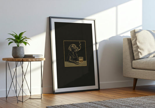 Final wide mockup presents the Labrador Cigar Club print as characterful portrait wall art.