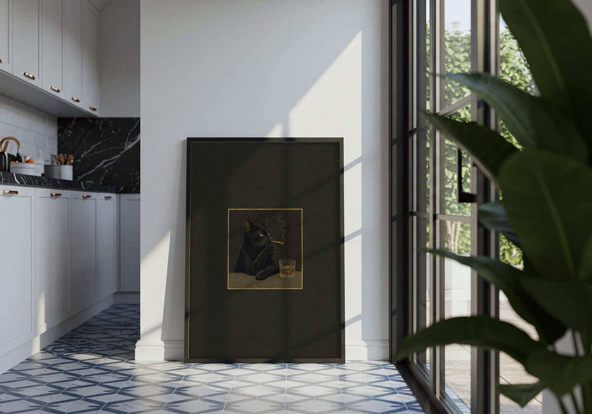 Gallery-style room scene centred on the distinctive Black Cat Cigar Club I illustration.