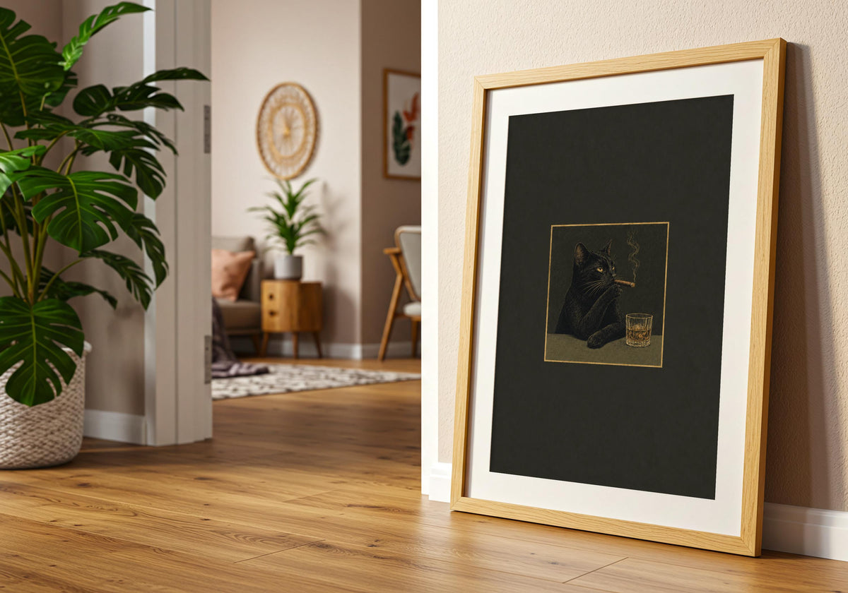 An angled interior photograph shows the texture and detail of a black cat holding a cigar beside a cut-glass whisky tumbler.