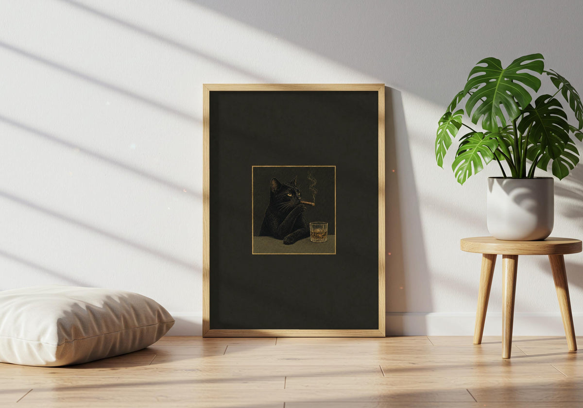 Green houseplants bring out the colour in this Black Cat Cigar Club I wall print.