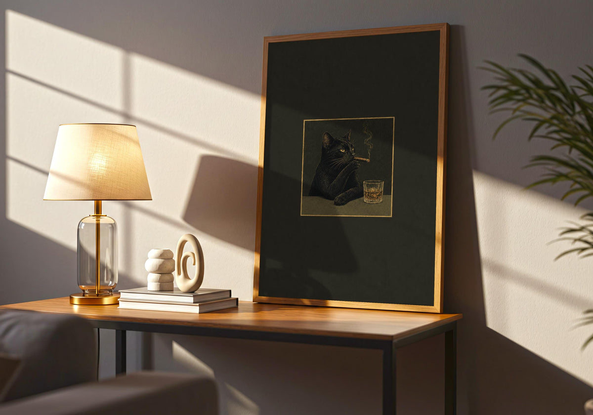 Final wide mockup presents the Black Cat Cigar Club I print as characterful portrait wall art.