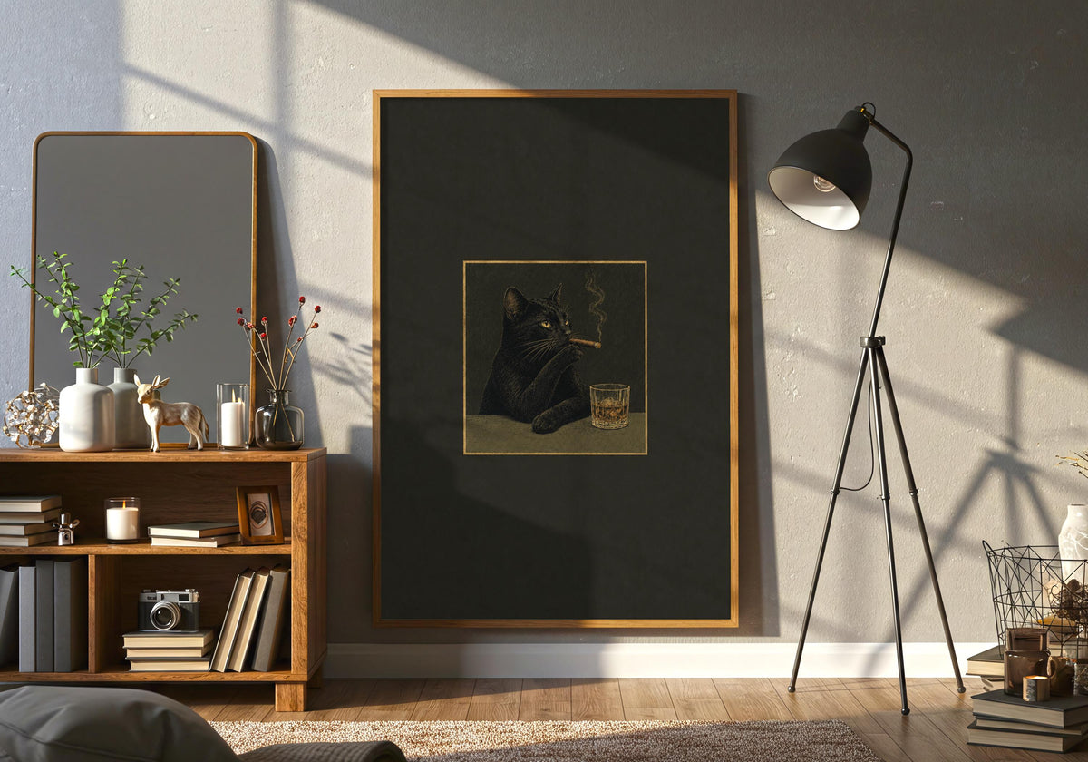 Close lifestyle view of the black cat cigar print in a contrasting frame.