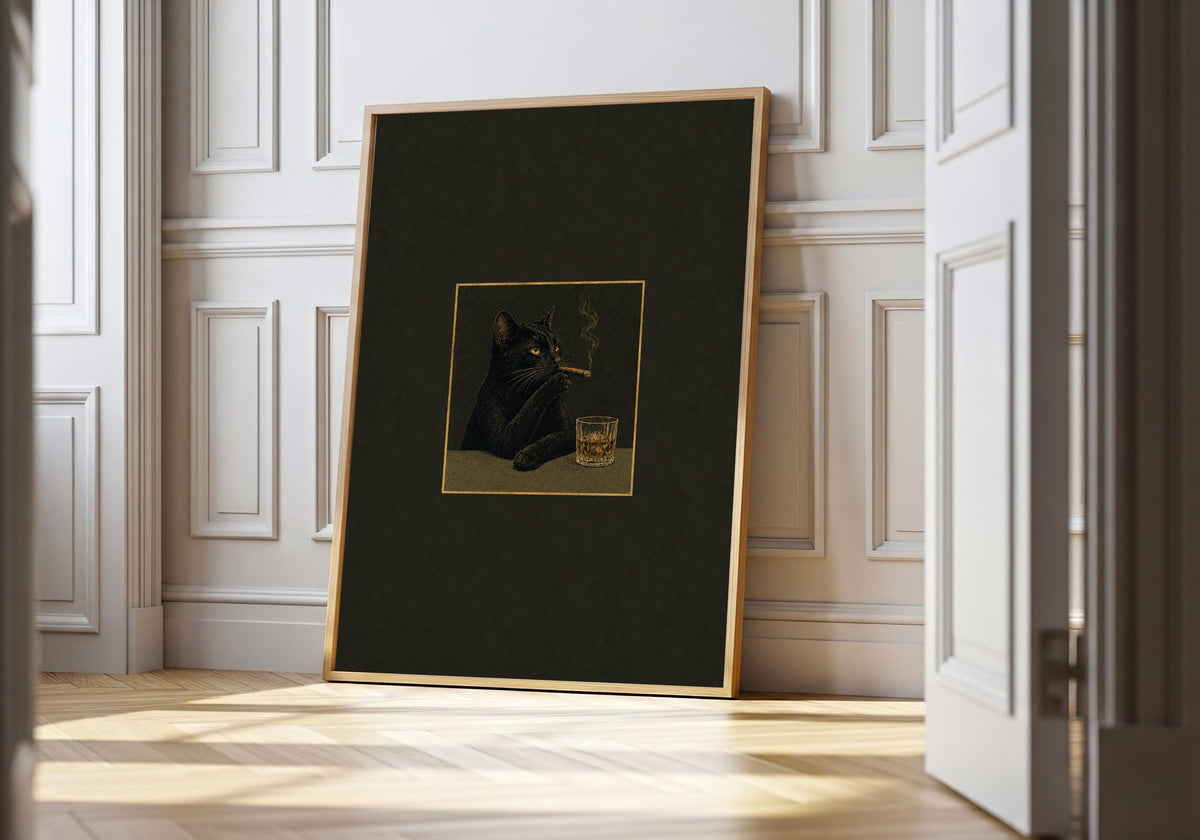 Black Cat Cigar Club I art print showing a black cat holding a cigar beside a cut-glass whisky tumbler in the light wood hero frame.