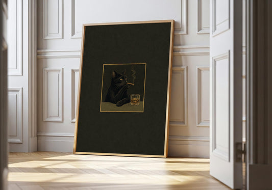 Black Cat Cigar Club I art print showing a black cat holding a cigar beside a cut-glass whisky tumbler in the light wood hero frame.