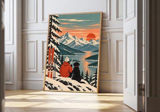 Alpine Skier and Dog appears in the light-wood hero scene, clearly showing a skier and black dog overlooking a snowy alpine lake.
