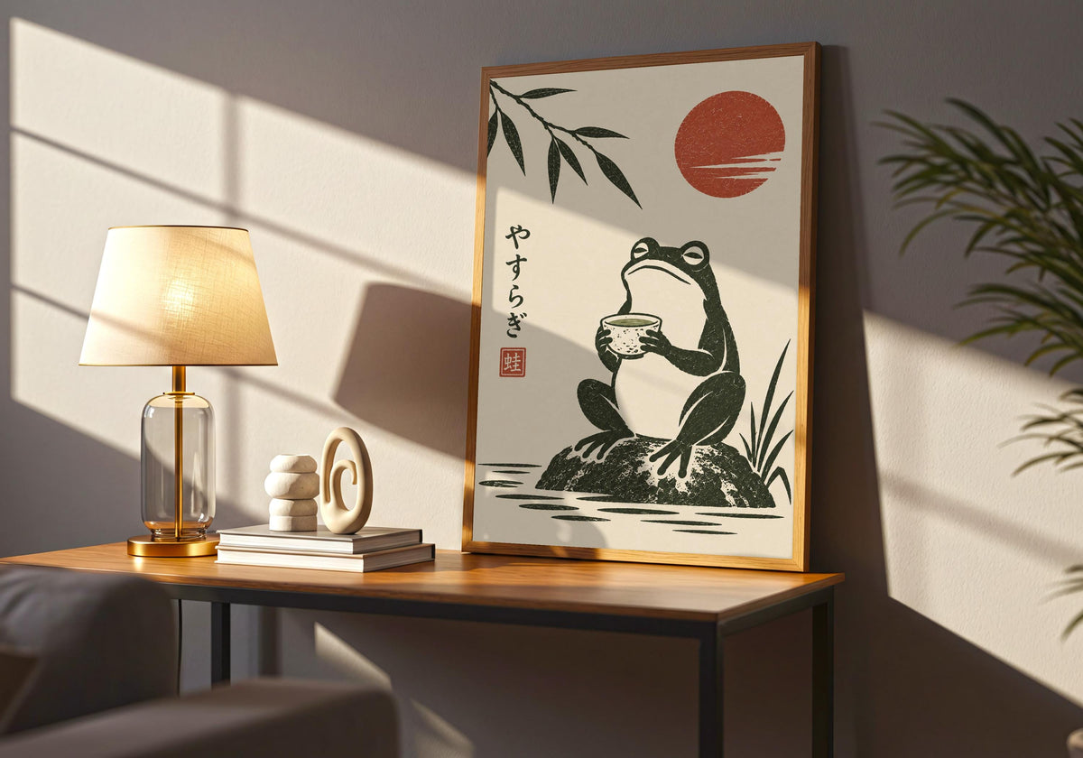 The final listing scene displays Frog Tea Meditation complete inside its frame opening.