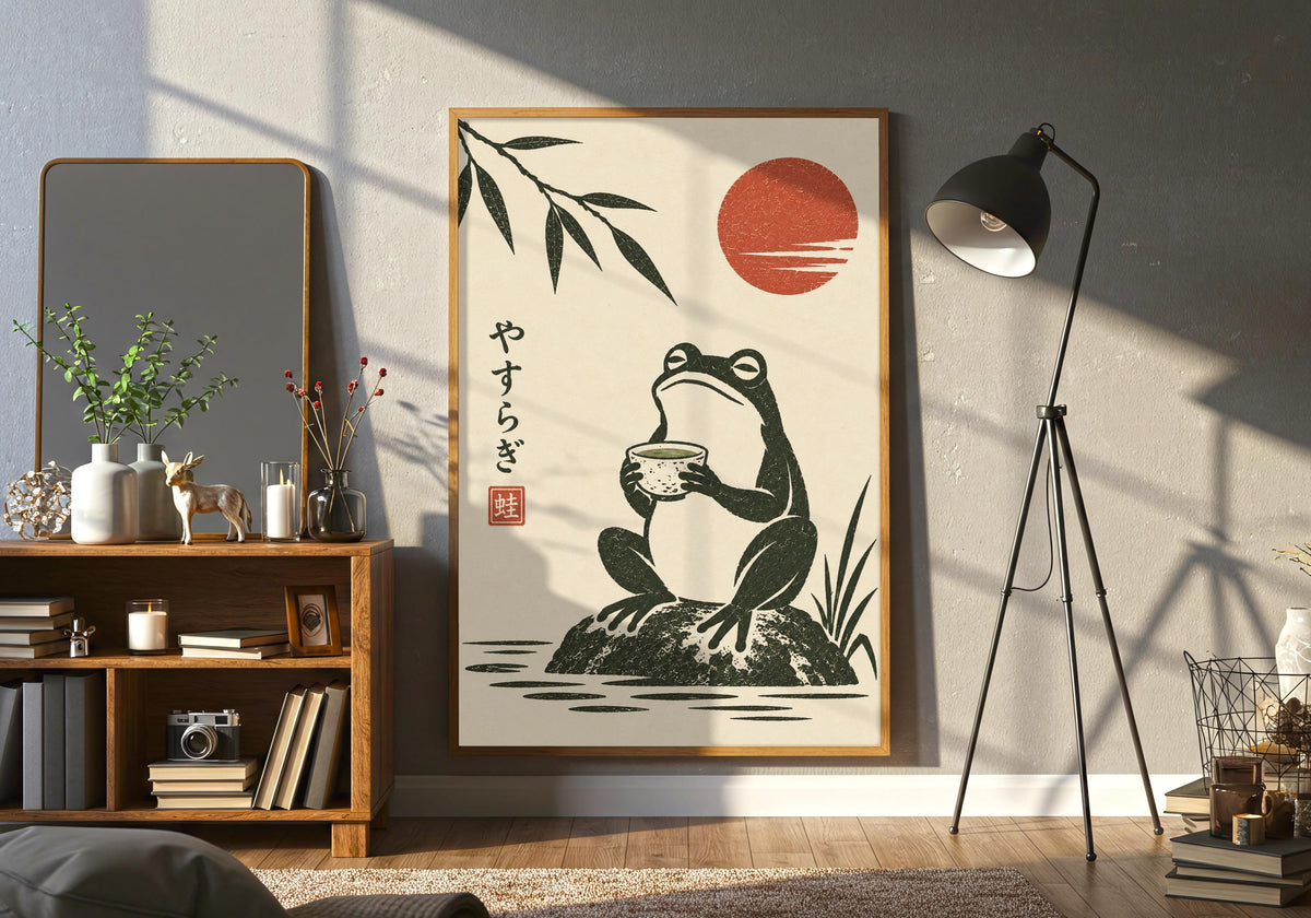 A closer lifestyle view picks out the illustration detail in this zen kitchen wall art.