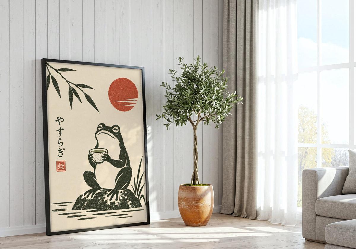 A contrasting frame presents this Japanese frog print in a styled room setting.