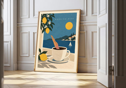 Morning Dive Coffee appears in the light-wood hero scene, clearly showing a swimmer diving into a coffee cup beside a lemon-framed sea view.