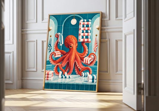 Octopus Towel Service artwork shown as the light-wood hero print, featuring a stylish octopus managing stacks of striped towels.