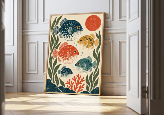 Pufferfish School appears in the light-wood hero scene, clearly showing a colourful school of patterned pufferfish among sea plants.