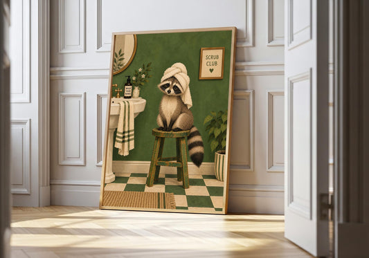 Raccoon Scrub Club appears in the light-wood hero scene, clearly showing a towel-wrapped raccoon perched in a green bathroom.