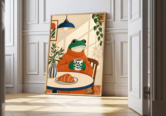 Frog's Morning Coffee frog coffee art in a light natural-wood hero frame, featuring a green frog in an orange jumper drinking coffee at a table with a croissant, striped cup and leafy plants.