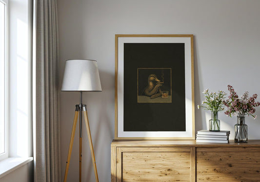 A modern interior displays the Duck Cigar Club poster with its charcoal black, antique gold and muted olive palette.