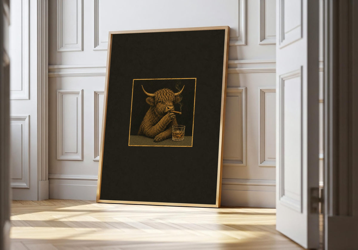 Highland Cow Cigar Club I art print showing a shaggy Highland cow smoking a cigar beside a whisky tumbler in the light wood hero frame.