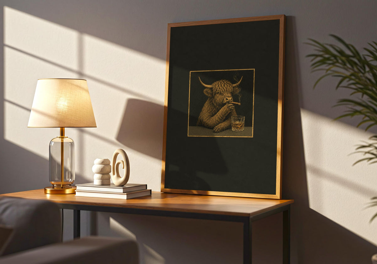 Final wide mockup presents the Highland Cow Cigar Club I print as characterful portrait wall art.