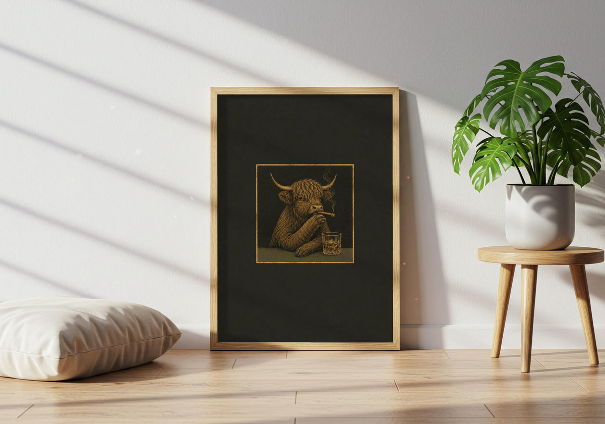 Green houseplants bring out the colour in this Highland Cow Cigar Club I wall print.