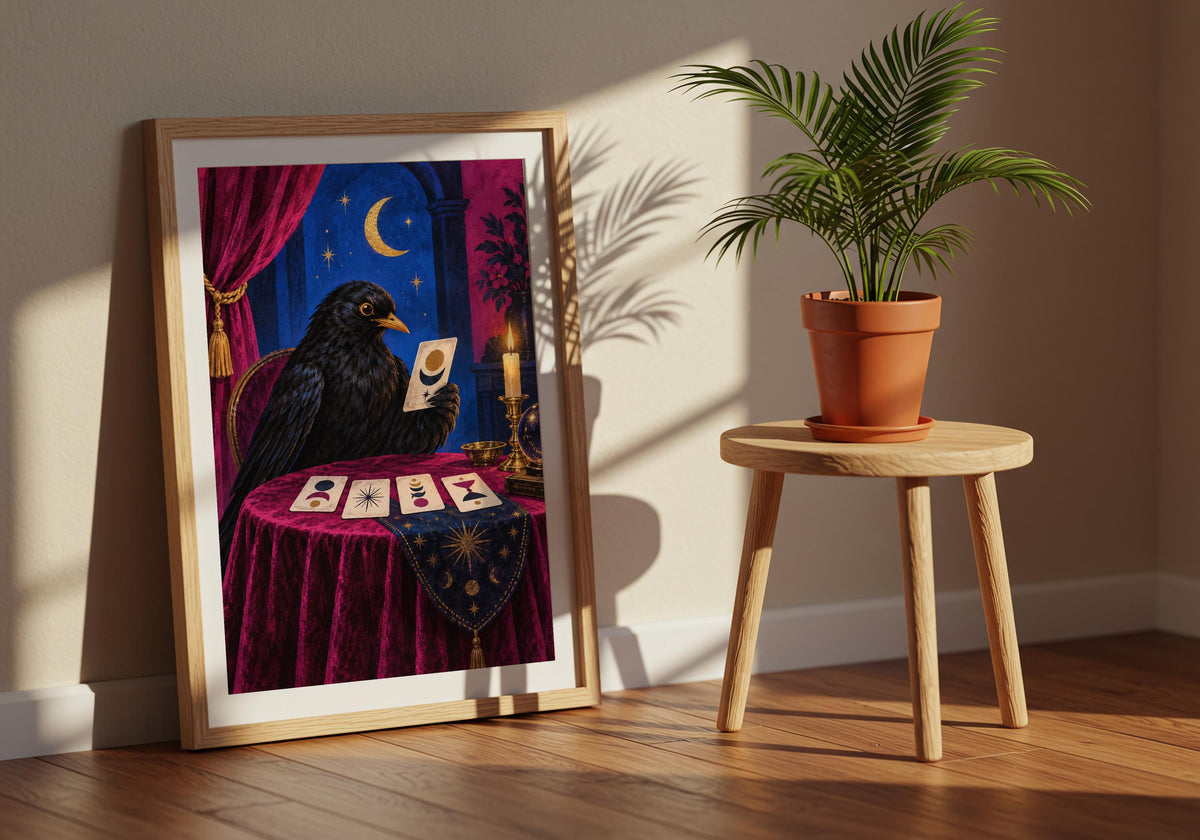 An angled interior photograph shows the texture and detail of a blackbird reading abstract fortune cards at a velvet table.