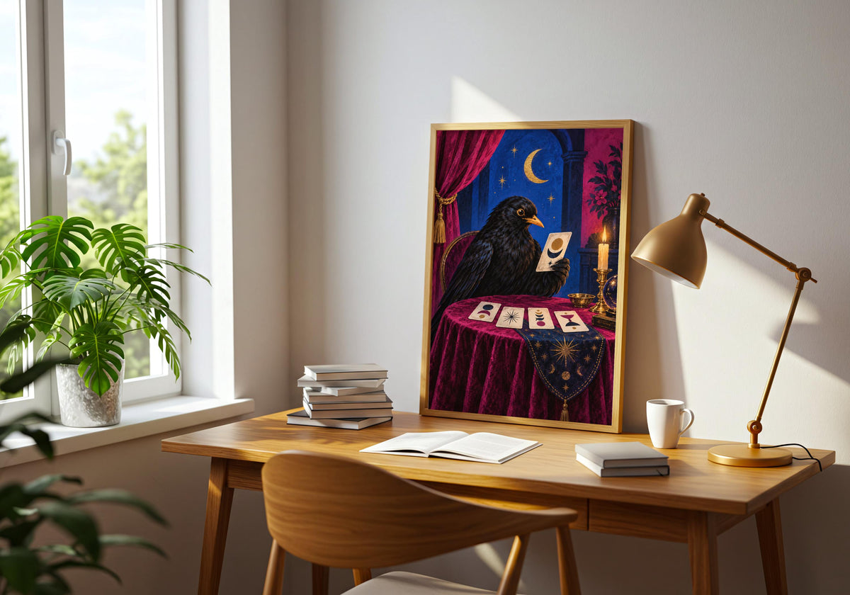 Framed wall view featuring a blackbird reading abstract fortune cards at a velvet table as the room's main focal point.