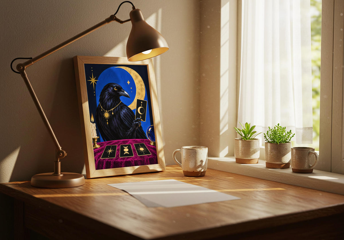 Framed wall view featuring an elegant blackbird presenting a golden moon card as the room's main focal point.