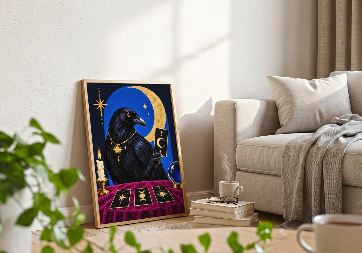 The modern mystical bird wall art is styled above furniture in a bright contemporary room.