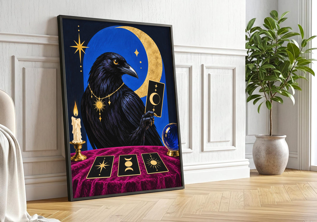 Close lifestyle view of the raven tarot print in a contrasting frame.