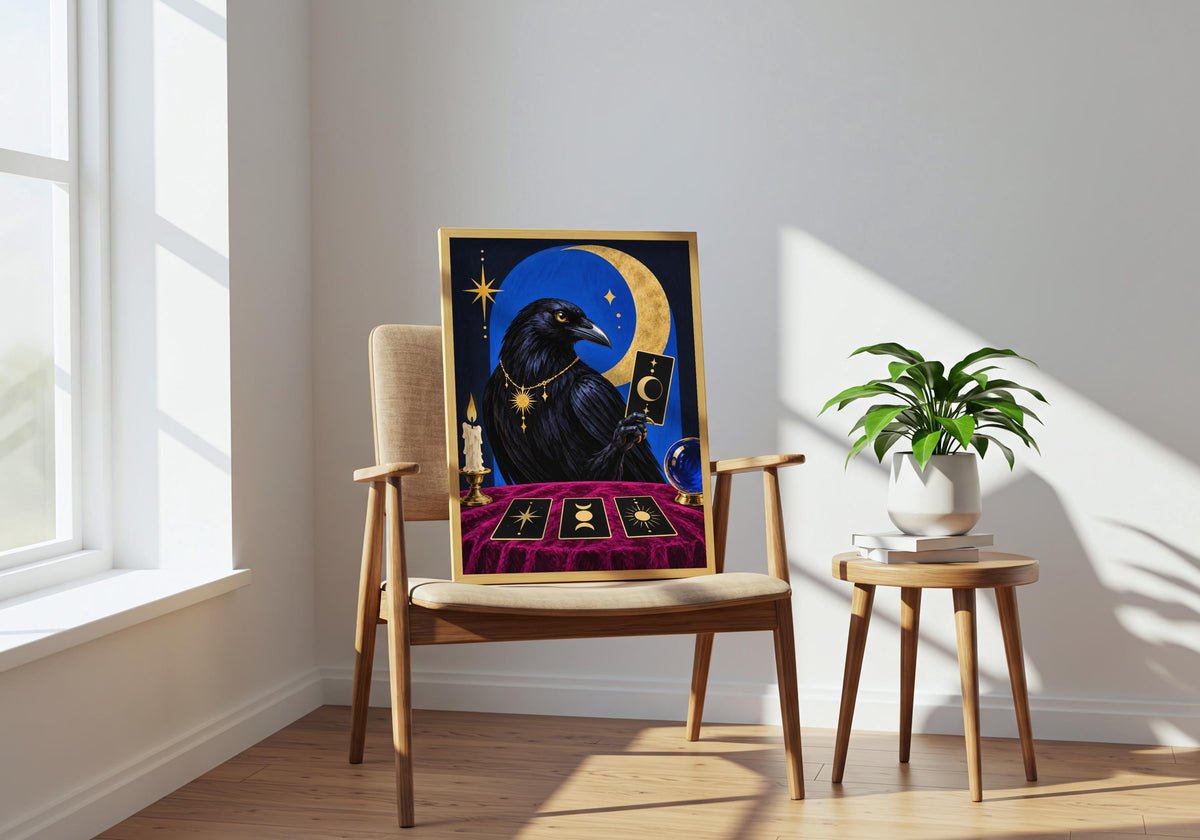Wide room angle with the portrait-format Blackbird Fortune Teller II artwork clearly visible.