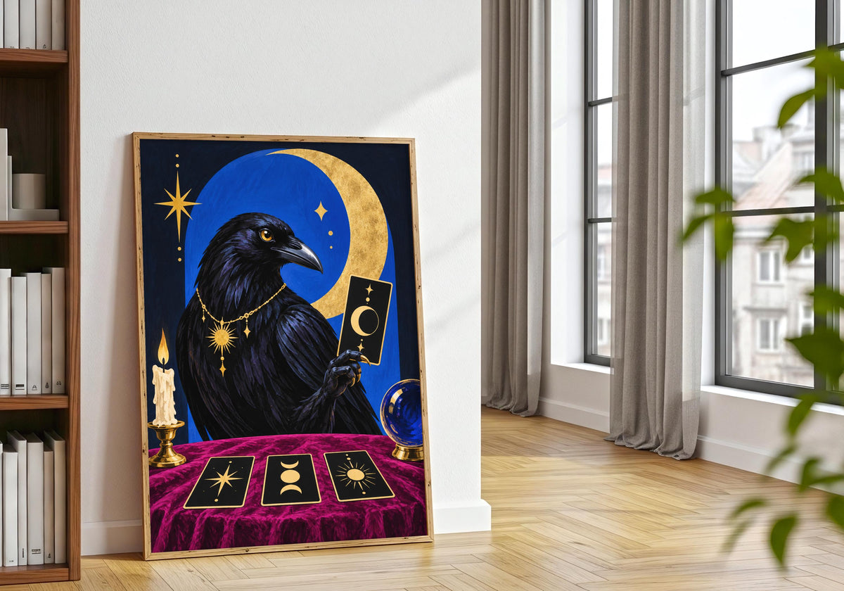 An angled interior photograph shows the texture and detail of an elegant blackbird presenting a golden moon card.
