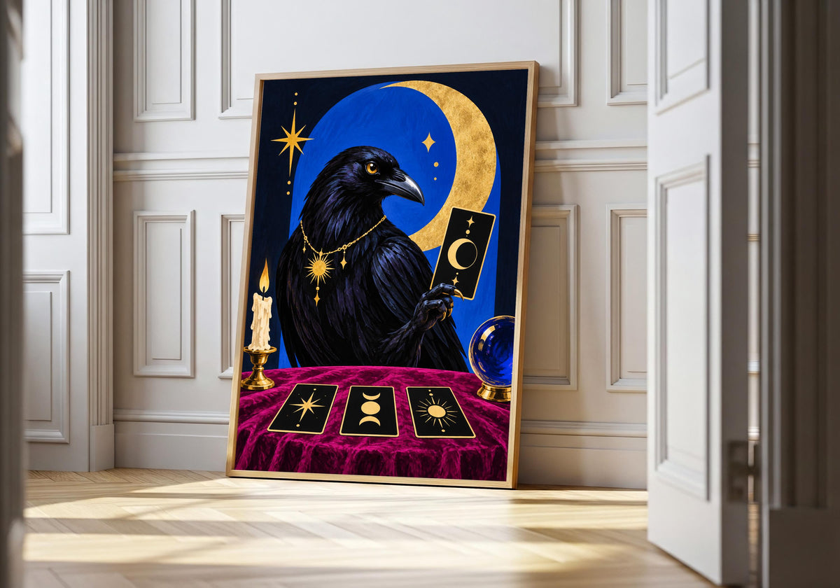 Blackbird Fortune Teller II art print showing an elegant blackbird presenting a golden moon card in the light wood hero frame.
