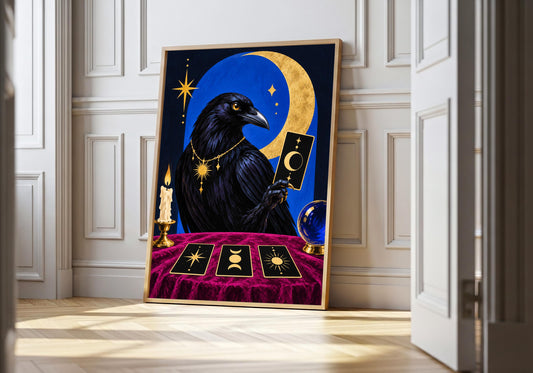 Blackbird Fortune Teller II art print showing an elegant blackbird presenting a golden moon card in the light wood hero frame.
