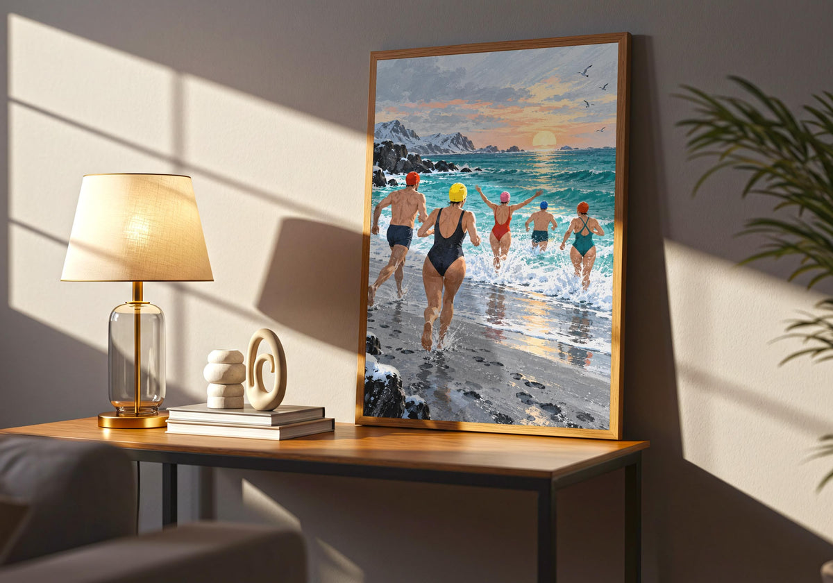 Final wide mockup presents the Boxing Day Sea Dip print as characterful portrait wall art.