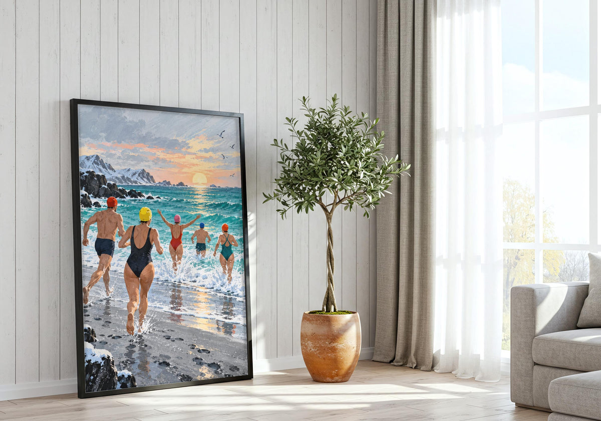 A modern interior displays the Boxing Day Sea Dip poster with its turquoise, vermilion, lemon and cool grey palette.