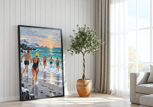 A modern interior displays the Boxing Day Sea Dip poster with its turquoise, vermilion, lemon and cool grey palette.