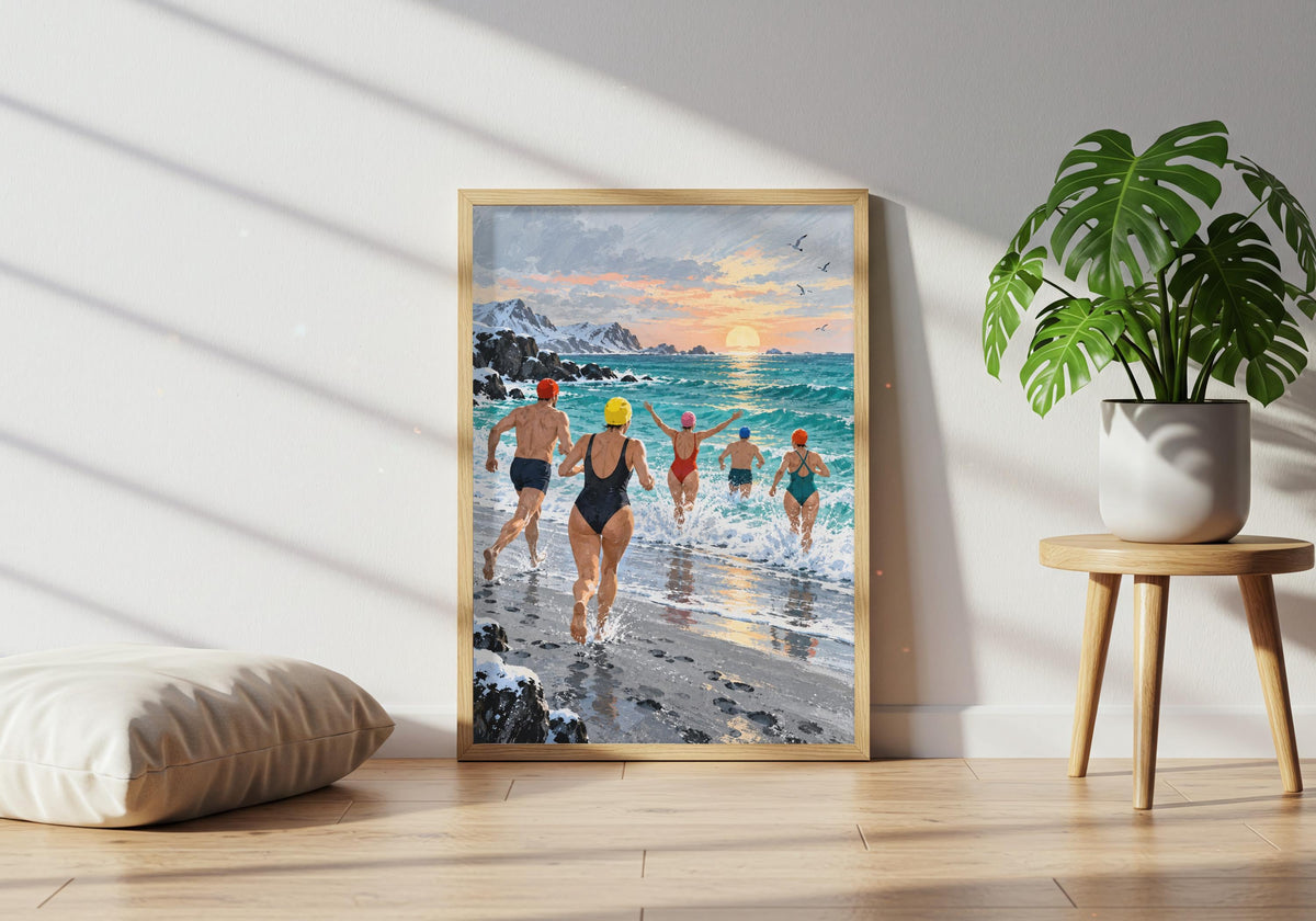 Green houseplants bring out the colour in this Boxing Day Sea Dip wall print.