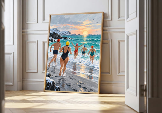 Boxing Day Sea Dip art print showing five brightly capped winter swimmers racing into a turquoise sea in the light wood hero frame.