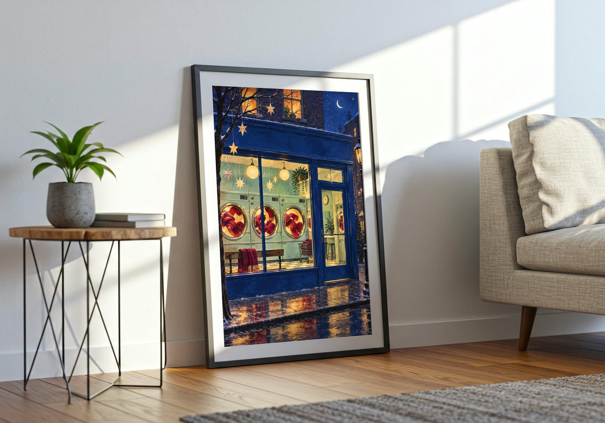 A glowing neighbourhood laundrette with cranberry scarves tumbling after dark remains easy to see while Christmas Eve Laundrette hangs in a wide living-room view.