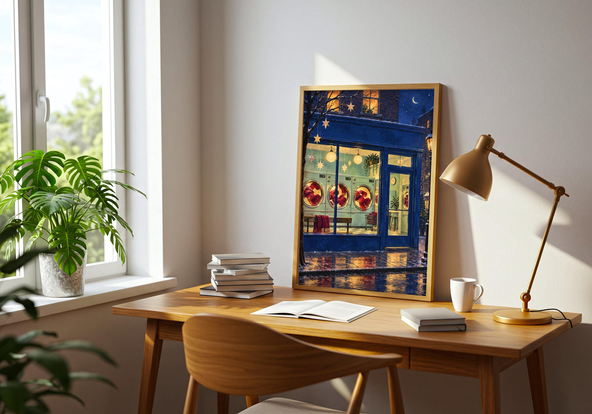 Christmas Eve Laundrette is seen from a different angle in a room with the print hung above a sideboard, retaining clear portrait proportions.