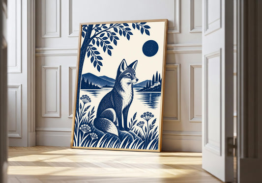 Blue Fox by the Lake blue fox wall art in a light natural-wood hero frame, featuring a navy fox seated among lakeside plants beneath a dark blue moon with mountains and water beyond.